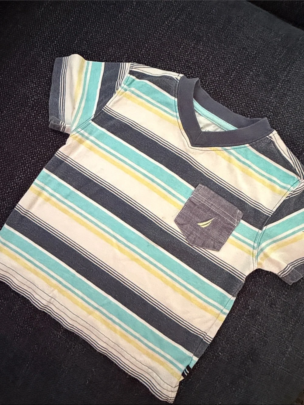 Ralph Lauren Blue Striped Pocket Tee with Navy Logo - Kids